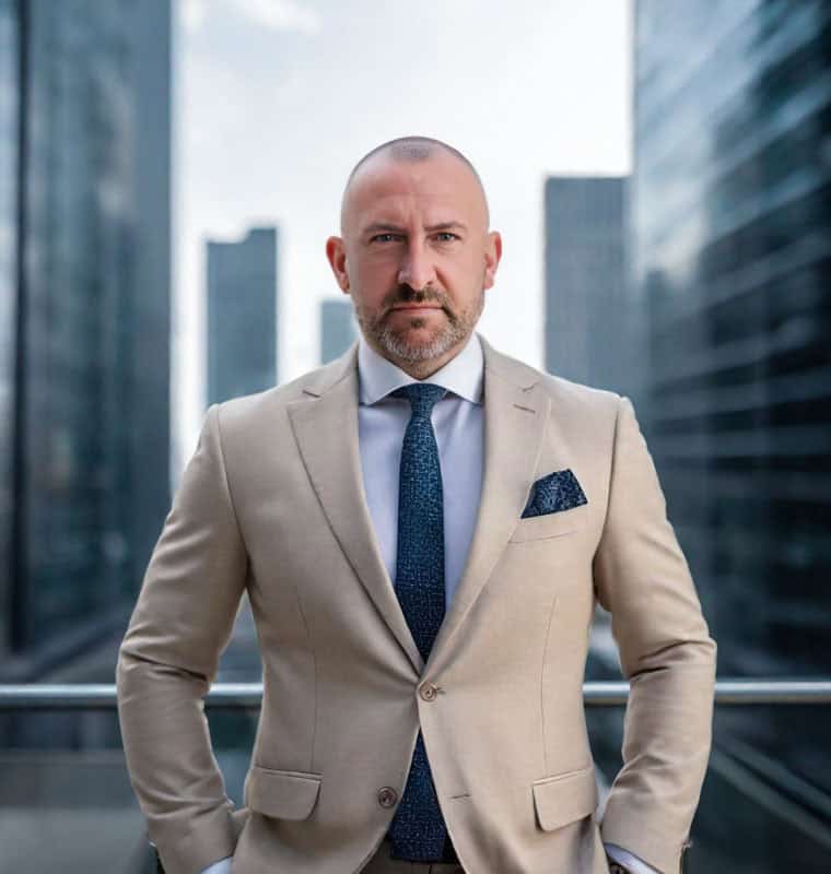 Businessman in suit before urban skyline.
